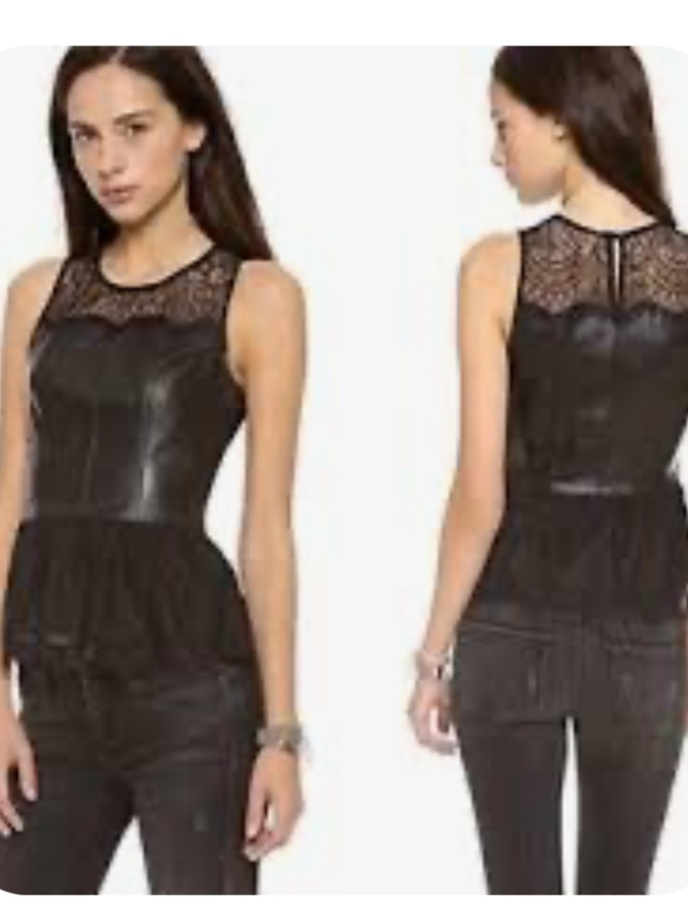 PJK “Bien” Black Lace-Trim Leather Peplum Tank Top size Small